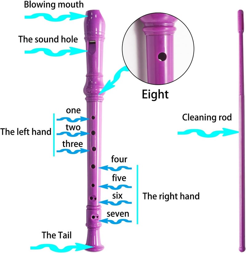 Funstreet Purple Soprano Recorder Instrument 8 Hole C Key Baroque Fingering Clarinet ABS Music Flute with Cleaning Rod and Storage Bag - Image 3